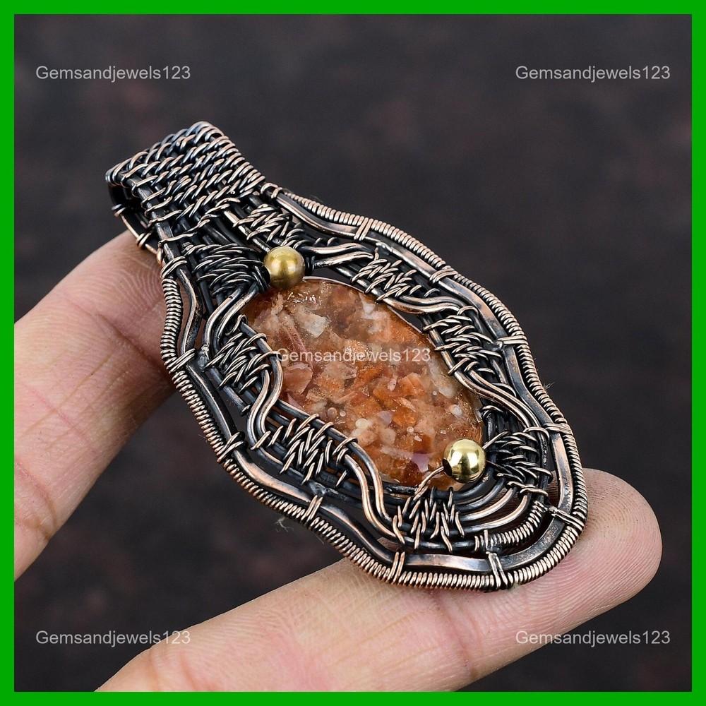 Mothers day Sale Copper Oval Sunstone Gemstone New Wire Wrapped Sister Pendant