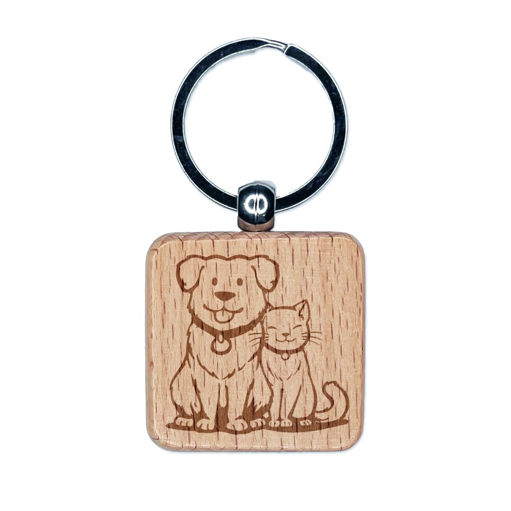 Dog and Cat Best Pet Friends Engraved Wood Square Keychain Tag Charm
