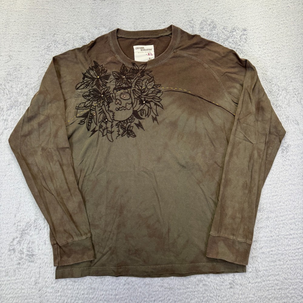 Y2k womens long sleeve shirt top brown tie dye grunge Cultural Revolution XL vtg