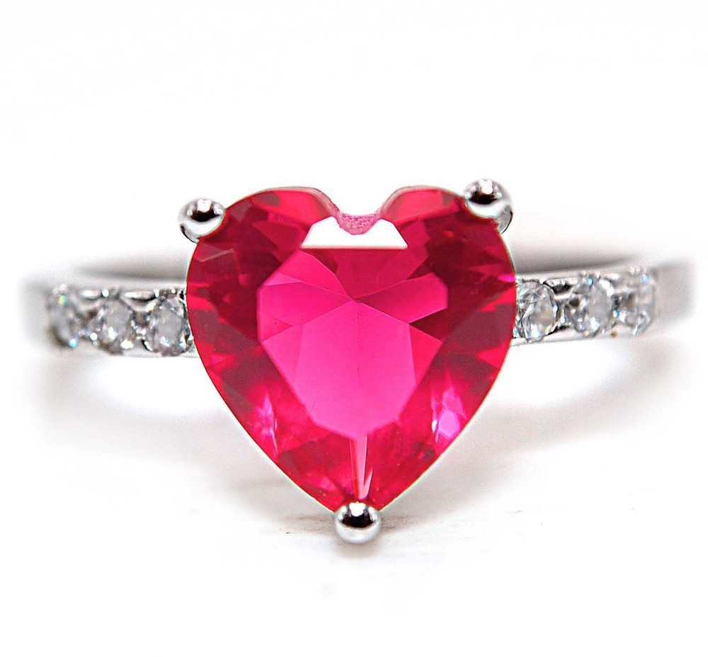 Heart 2CT Treated Ruby & White Topaz 925 Solid Sterling Silver Ring Jewelry Sz 7
