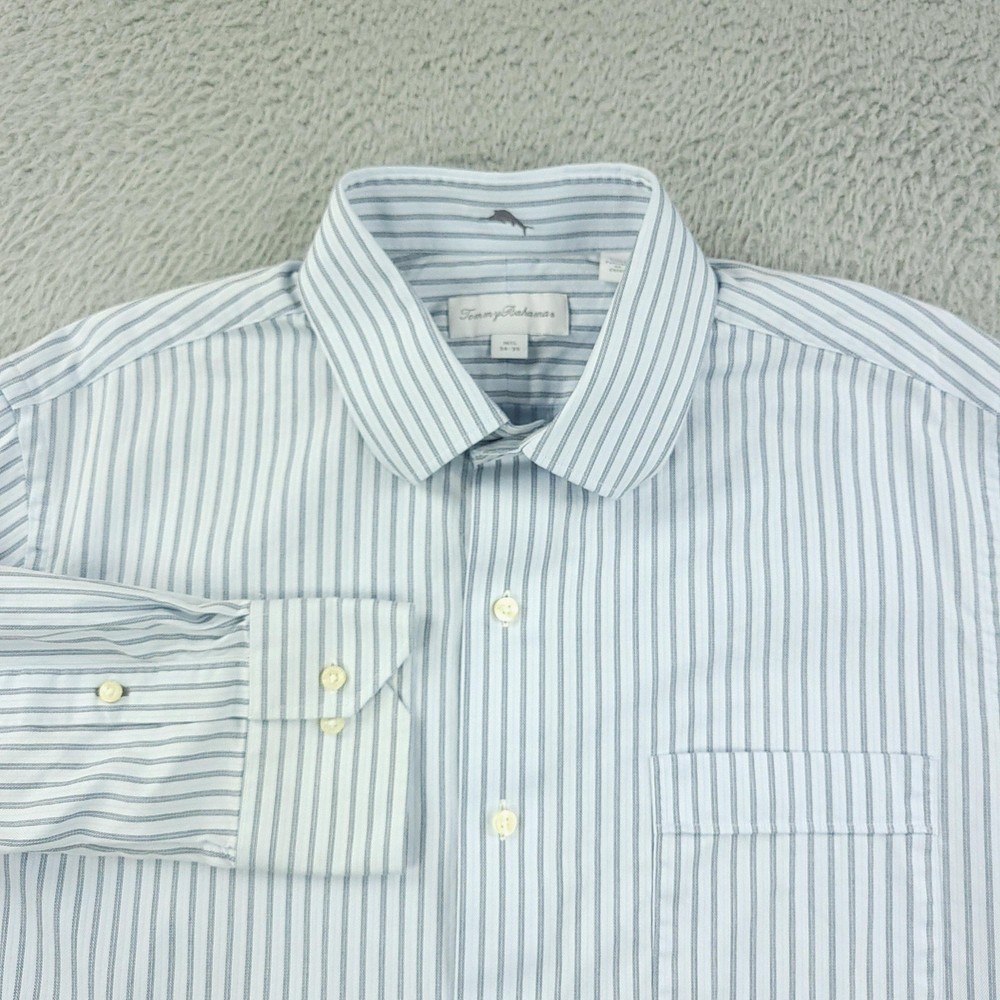 Tommy Bahama Dress Shirt Mens 16.5 Blue Stripe 100% Cotton Long Sleeve