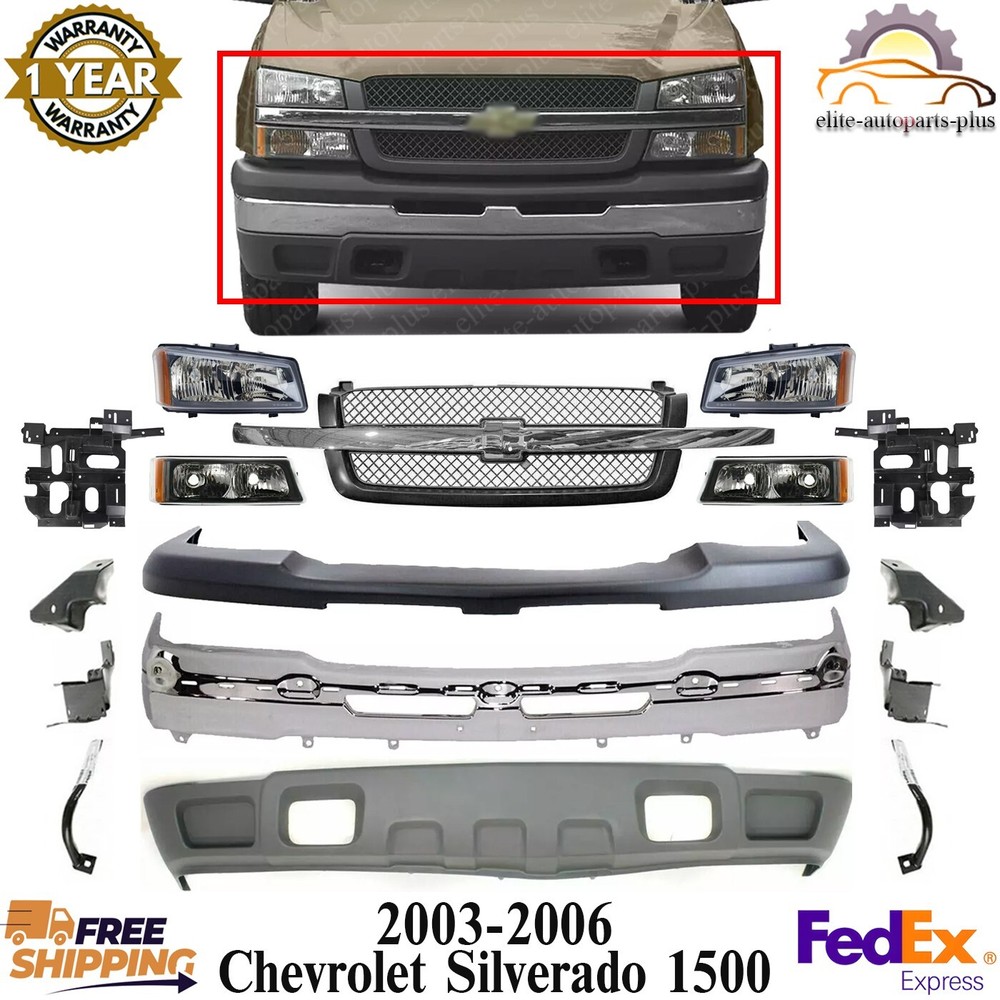 Front Bumper Chrome kit + Headlight + Brackets For 2003-06 Chevy Silverado 1500