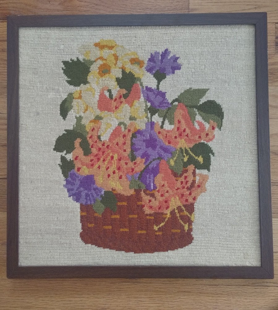 Vintage needlepoint floral basket framed 17 inch with lilies bergmont daffodils