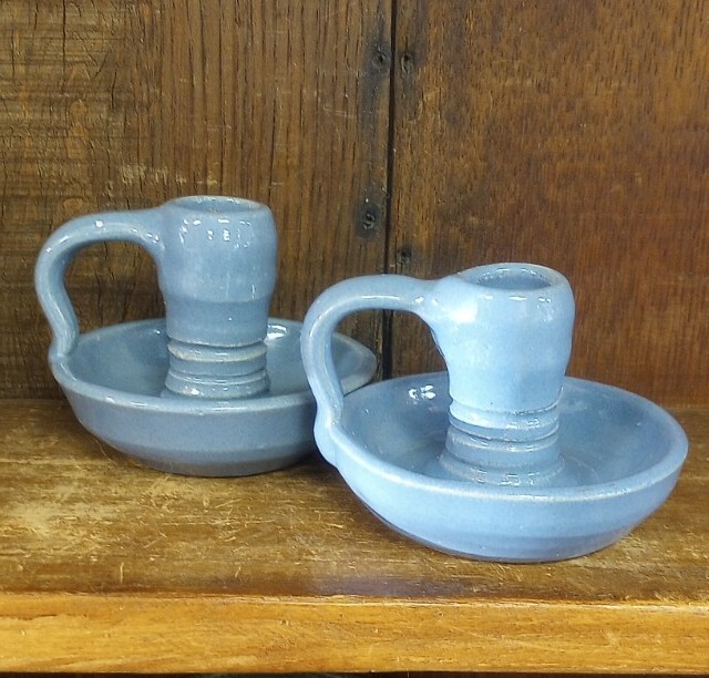 Evan's Pottery Pair Candlesticks Arden North Carolina Clay Cornflower Blue Set