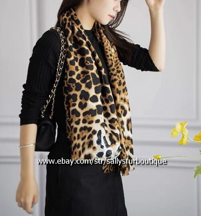 Sallys Cashmere & Silk Wrap Scarf Leopard Print Double Face Shawl Tassels 53