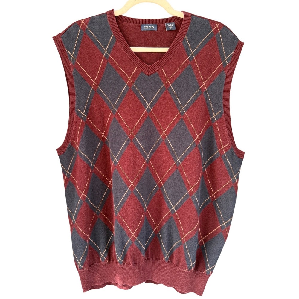 IZOD Argyle Sweater Vest Mens XL Burgundy Red Navy Blue Sleeveless Knit Top