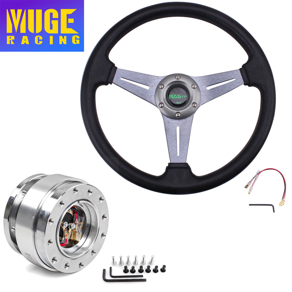 350mm Racing Drifting Deep Dish Gray Steering Wheel + Ball Quick Release Adapter