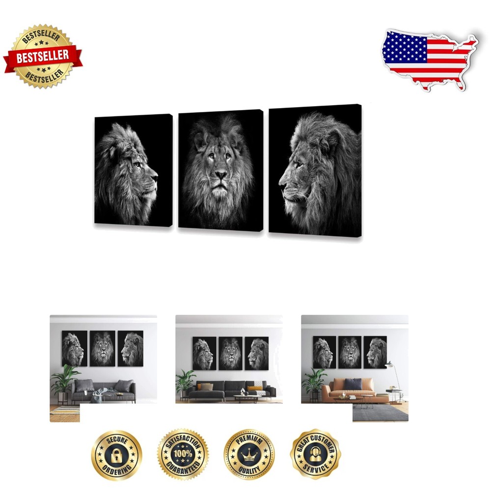Chic Lion Head Framed Canvas Artwork - 3 Panels for Luxurious Indoor Spaces