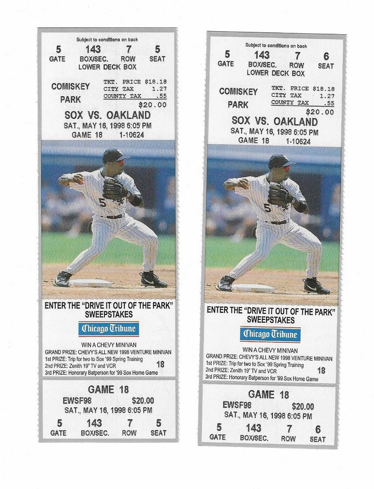 Chicago White Sox vs Oakland A's unused Baseball Tickets from 5/16/1998