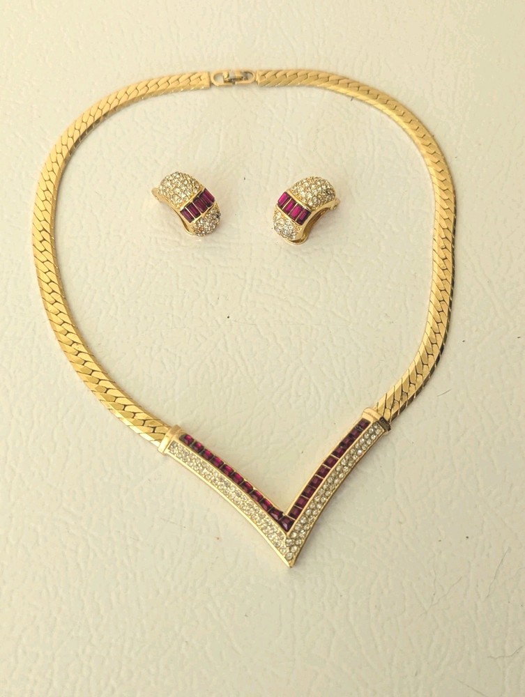 Vintage 1970s Christian Dior Gold Choker Necklace with Ruby & Diamond Crystals and Matching Earrings