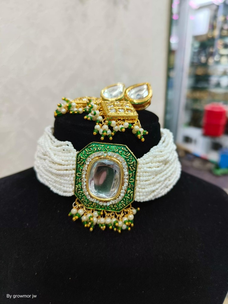 Carved Emerald Gold Pearl Choker Earrings Indian Necklace Gold Plated Jewelry