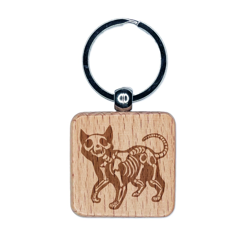 Creepy Skeleton Cat Halloween Engraved Wood Square Keychain Tag Charm