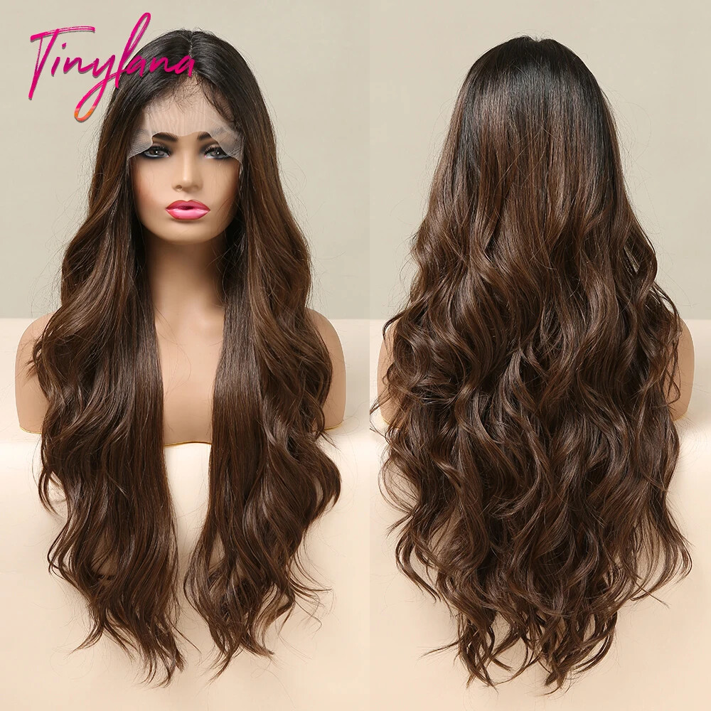 Brown Body Wave Lace Front Synthetic Wigs Transparent Pre Plucked Heat Resistant