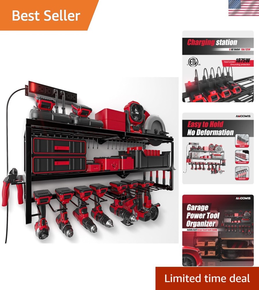Power Tool Organizer with Charging Station, Garage Storage Shelf with 6 Outle...