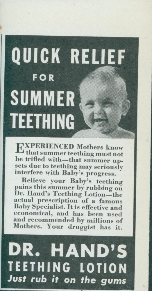 1947 Dr Hands Teething Lotion Vintage Print Ad for Quick Baby Summer Teeth Relief C13