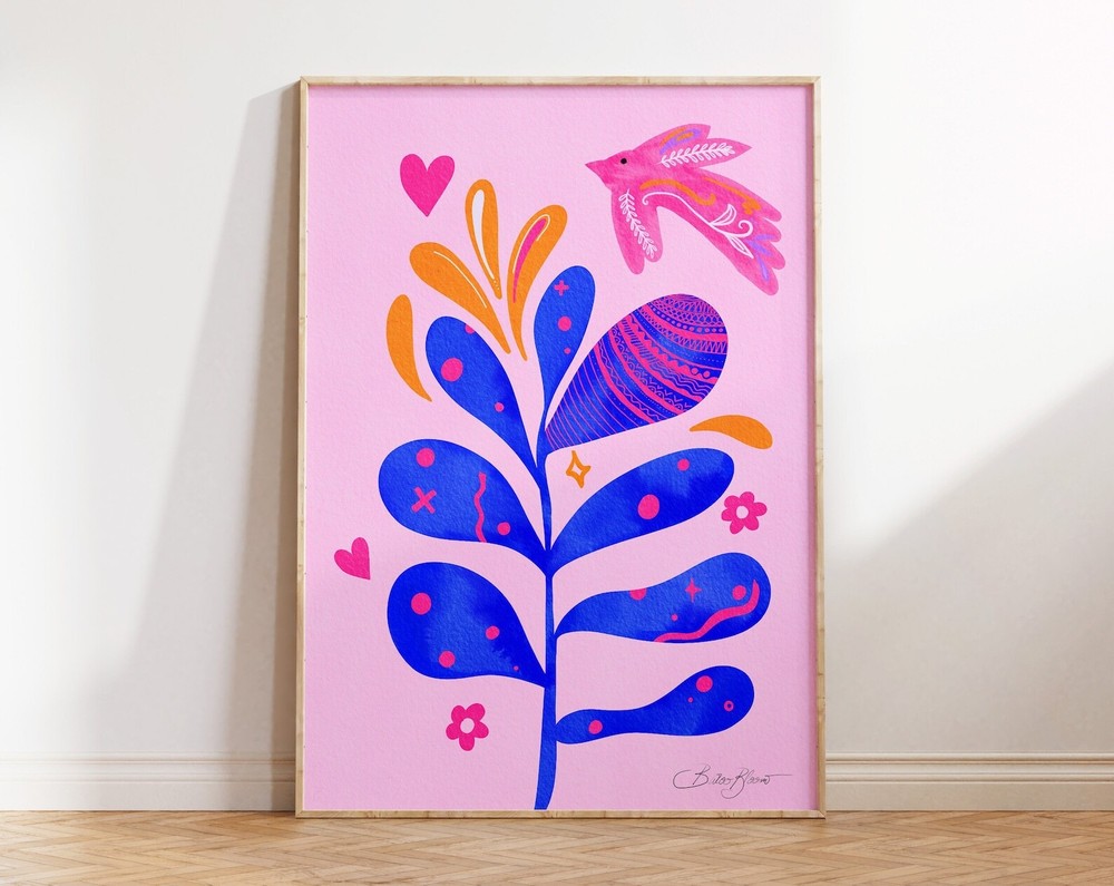 Maximalist Art Pink Blue Botanical Floral Abstract Flower Wall Art Modern