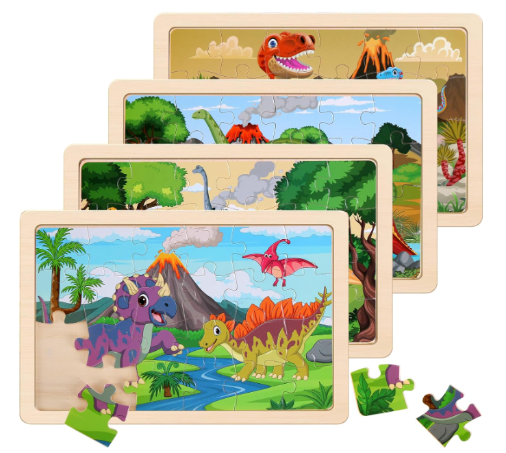 Dino Wooden Puzzles 4-Pack: 24-Piece Sets for Ages 3-6, Educational Toys