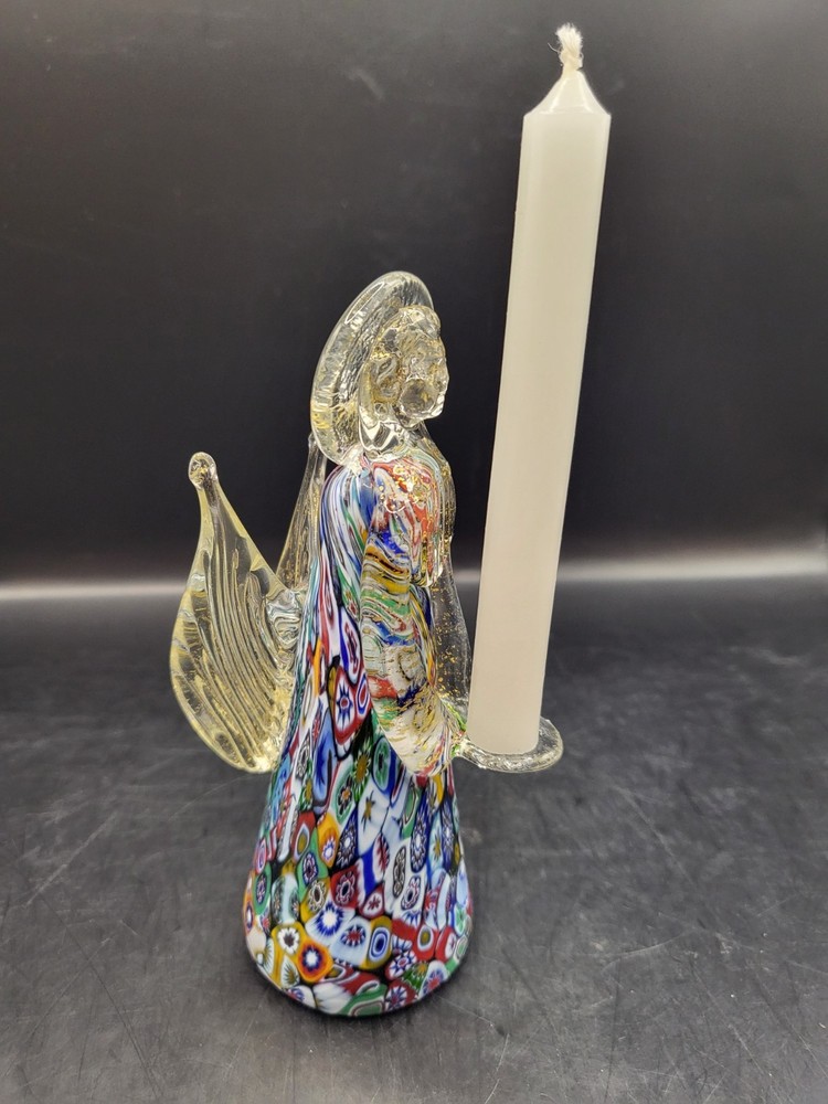 Handblown Murano Italy Millefiore Art Glass Gold Adventurine Angel Candle Holder