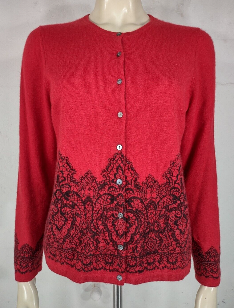 Charter Club red black lace print 100% cashmere cardigan sweater ladies Medium