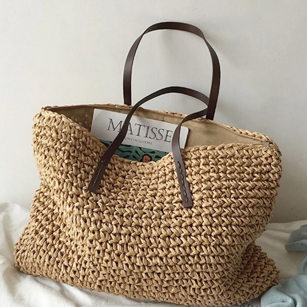 Large Everyday Straw Woven Summer Tote Bag Beach Fashion Handbag Shoulder Purse