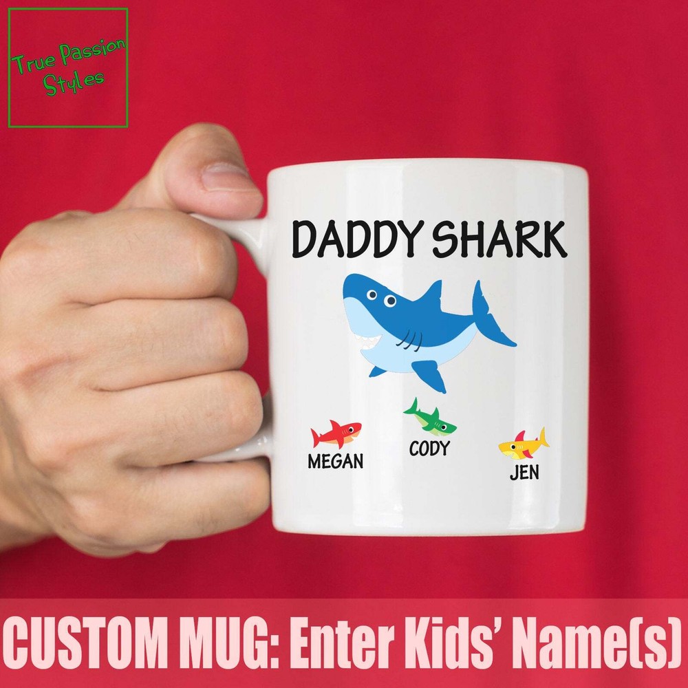 Funny Personalized Daddy Shark Mug With Son's And Or Daughter's Names Humor