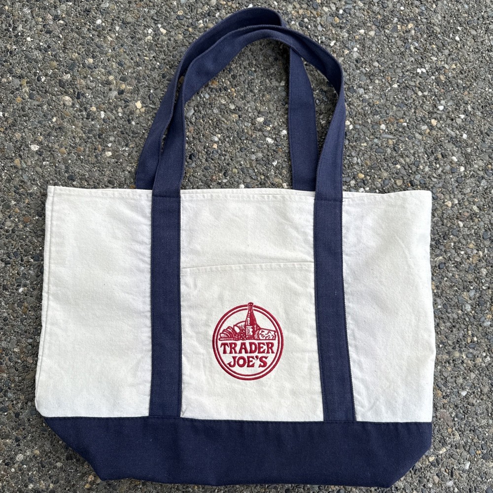 Trader Joes Heavy Duty Blue Cream Canvas Eco Tote Bag Large Reusable