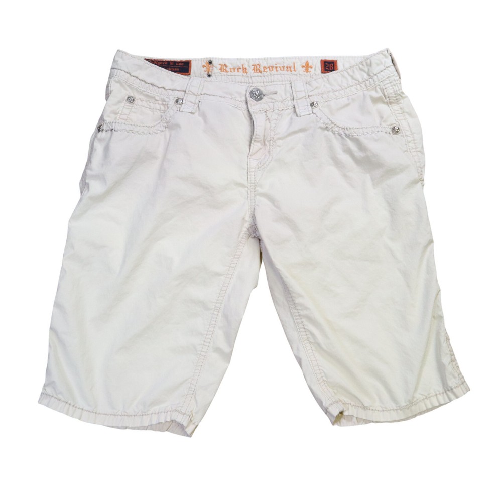 Rock Revival Off White Studded Y2K Denim Shorts with Flap Pocket