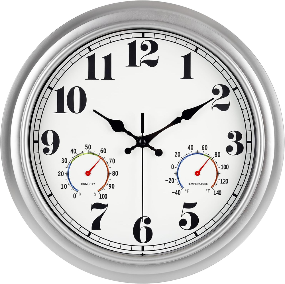13 Inch Outdoor Clock, Waterproof and Silent, with Thermometer and Hygrometer, L