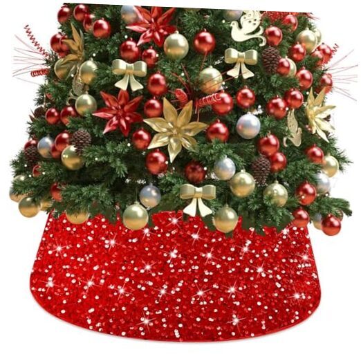 Christmas Tree Collar Sequin Merry Christmas Tree Skirt 23.6 Inch Round Red