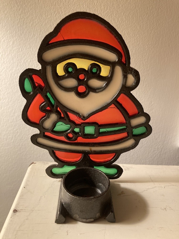 Vintage Tiffany Style Candle Holder Christmas Santa Stained Glass