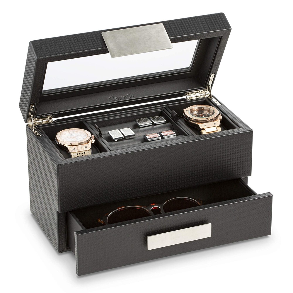 Carbon Fiber Valet Jewelry Watch Box for Men with Glass Top Organizer