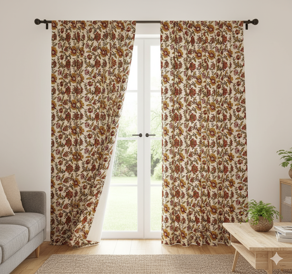 Hand Block Print Cotton Curtains Floral Living Room Drapes Handmade Set of 2