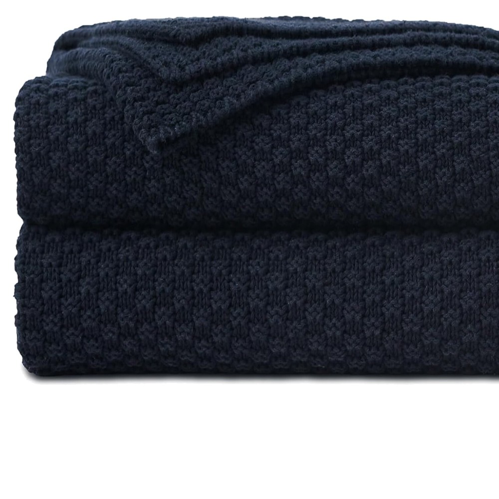 Luxurious Reversible Navy Blue Cotton Throw Blanket 60x80 Inches Machine Washable Soft Cozy
