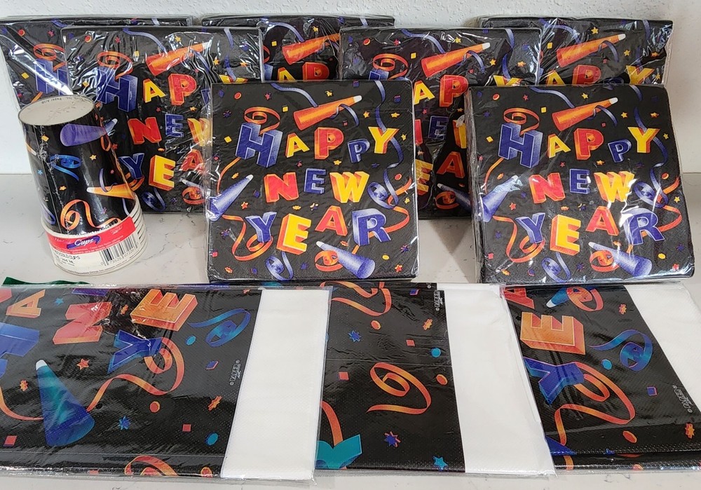 New Years Eve Themed Party Supplies Lot - 140 Napkins, 3 Table Clothes, 8 Cups-image