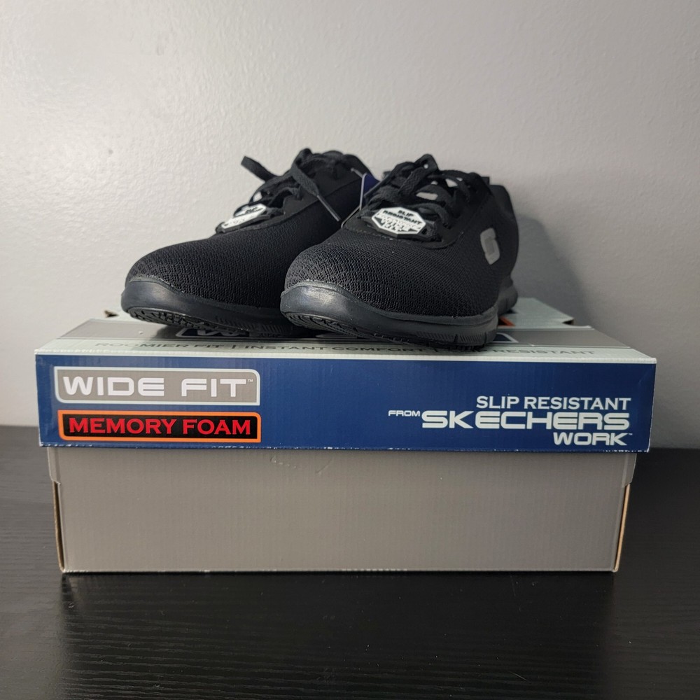 Skechers Wide Fit Slip Resistant Womens Work Shoes 77210W Black Size 8