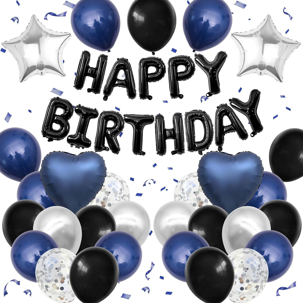 Navy Blue and Black Birthday Decorations for Men,Blue Black White Balloons Happy