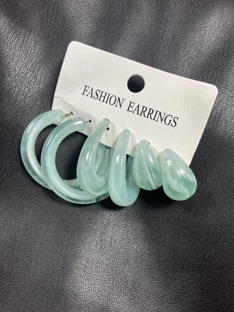 3 Pair Seafoam Green Plastic Hoop Drop Earrings with Metal Posts