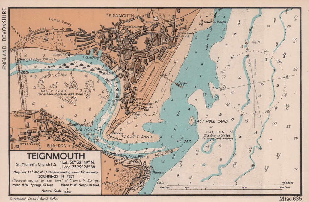 Teignmouth & Shaldon town plan & sea coast chart. Devon. ADMIRALTY 1943 map
