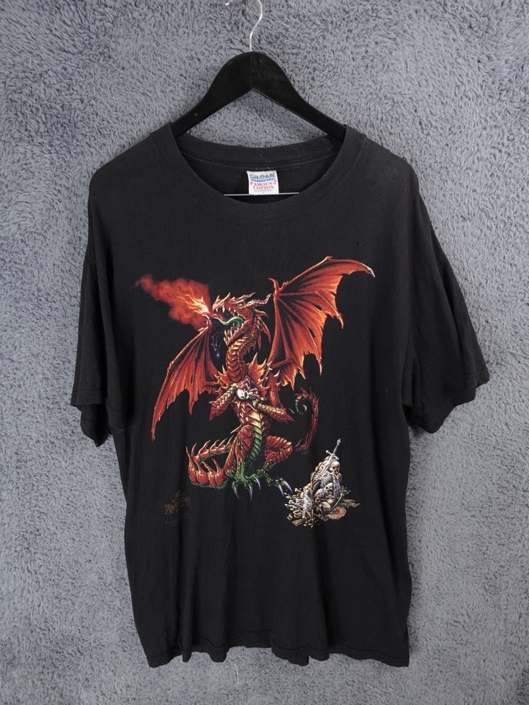Vintage Alchemy Gothic Shirt Mens Large Dragon Metal Print Skulls Retro 90s Y2K