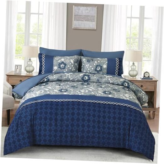 Navy Blue Comforter Set Queen, 7 Pieces Bed in a Bag Floral Geometric