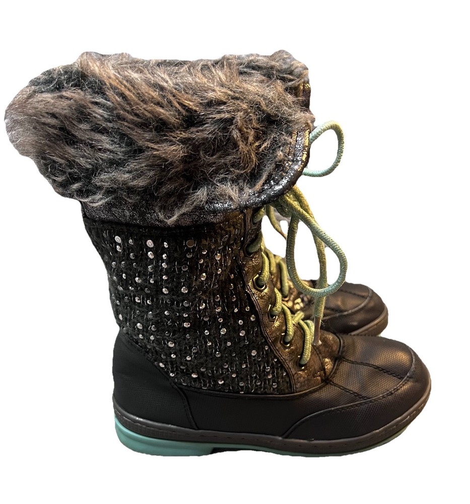 Justice Sparkle Snow Boots Girls Size 3 Gray And Blue With Faux Fur