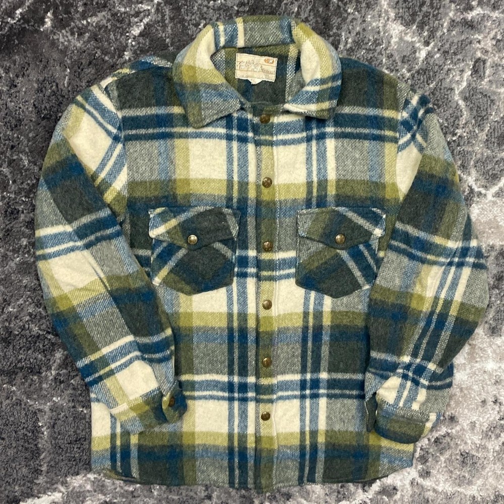 Vintage Flannel Jacket Mens Medium 38 Green Wool Plaid Tregos Westwear Coat USA