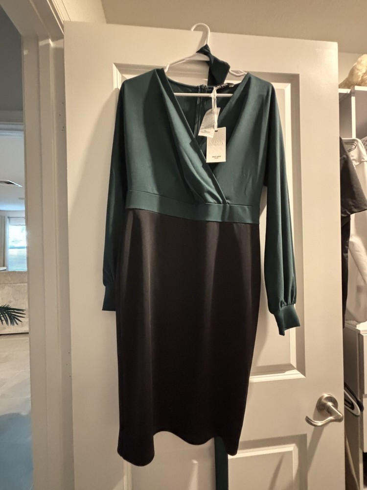 Grace Karin Women's Green & Black Knee-Length Dress with Long Sleeves & Back Zipper