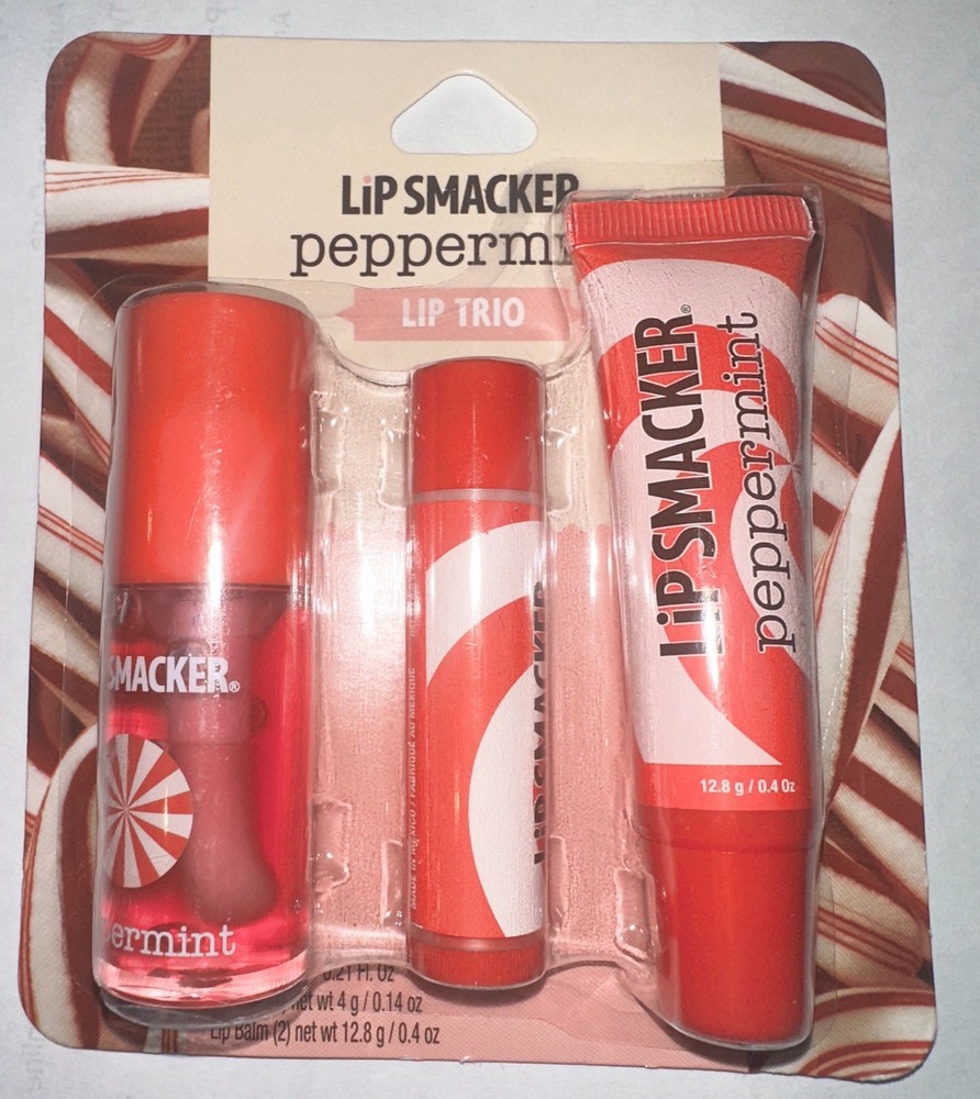 3pc Set New Lip Smacker Peppermint Holiday Lip Trio - Lip Oil & Lip Balms