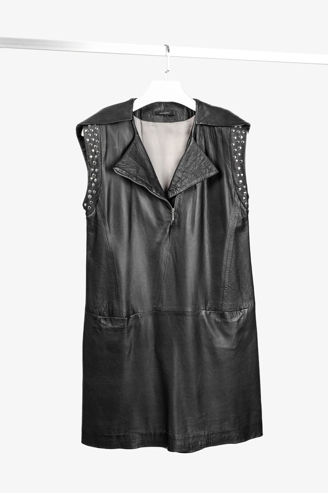 Sita Murt Black Leather Studded Mini Dress Sleeveless Size XL