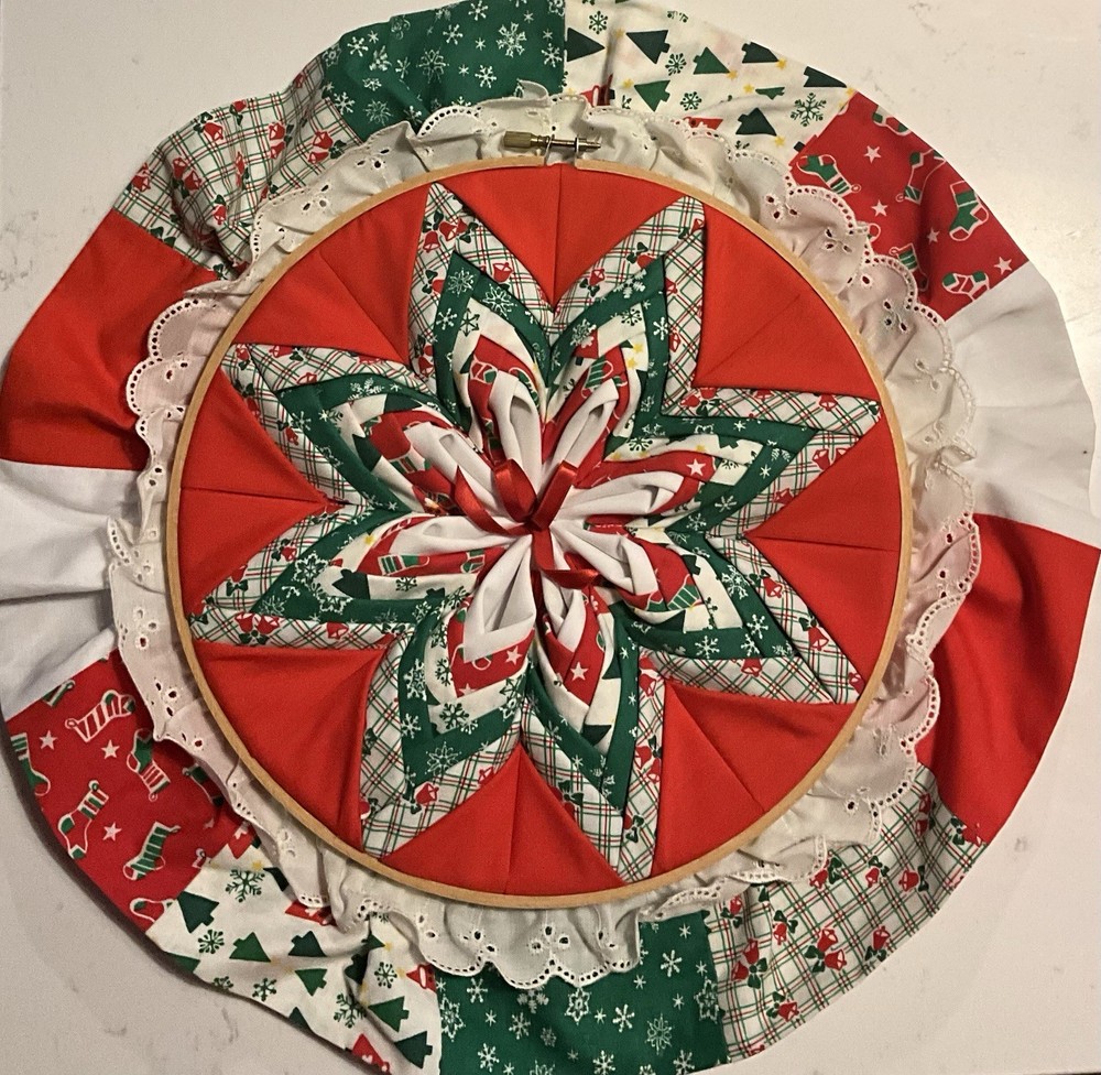 15 Inch Handmade Christmas Quilted Star Wall Hanging Embroidery Hoop Art
