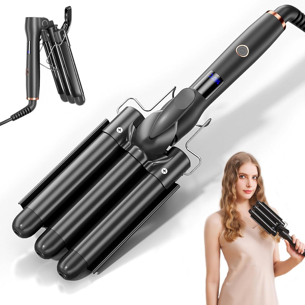 Hair Crimper 1 Inch 3 Barrel Beach Wave Curling Iron Foldable 25mm