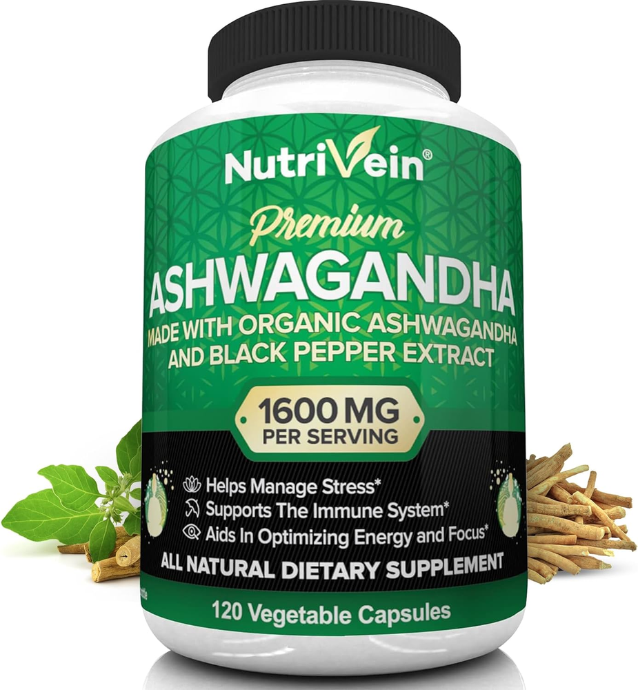 Organic Ashwagandha Capsules 1600Mg with Black Pepper Extract 120 Vegan Pills