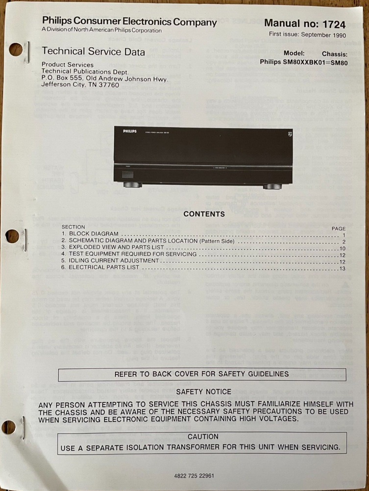 PHILIPS 1724 SM80XXBK01 SM80 STEREO AMPLIFIER ORIGINAL SERVICE REPAIR MANUAL
