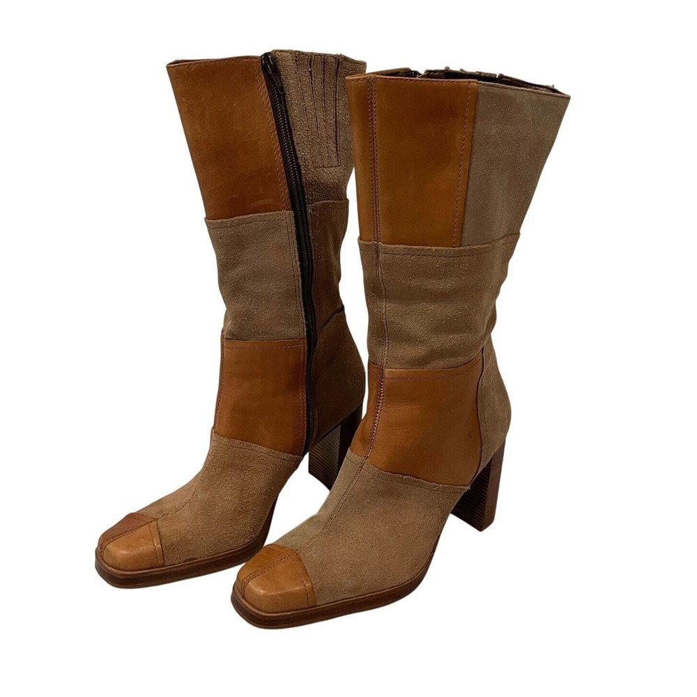 Vintage 90s Y2K Candies Boots Leather Patchwork Size 7 Tan Wood Heel Mid Calf